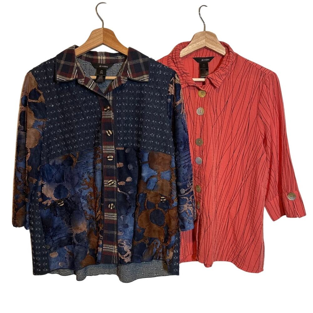 Ali Miles Lot of 2 Tops Mixed Media Blue Plaid Coral Crinkle Abstract Stripe MP